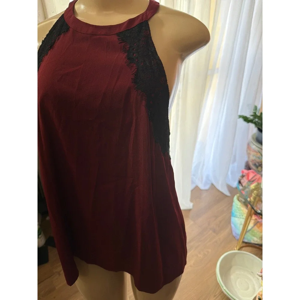 1.STATE Womens Halter Neck Blouse Burgundy Red Black Eyelash Lace Mesh Top Large - Picture 3 of 6